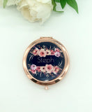 Personalised Navy and Pink Floral Compact Mirror