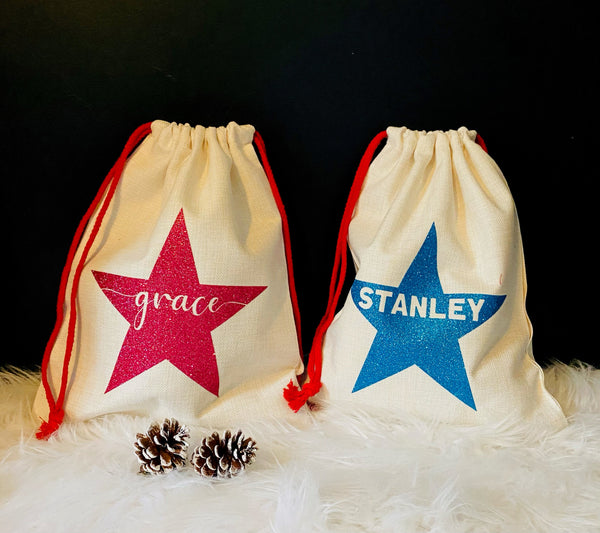 Personalised Sparkly Star Linen Christmas Sack