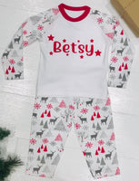 Grey and Red Reindeer Personalised Kids Pyjamas