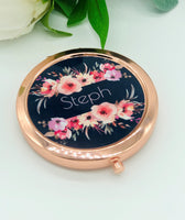 Personalised Navy and Pink Floral Compact Mirror