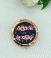 Personalised Navy and Pink Floral Compact Mirror